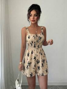 Breezaya Bộ jumpsuit nữ màu kaki họa tiết sóng, chất liệu vải in hoa, cạp chun, kiểu dáng ôm sát, phong cách thường ngày, thích hợp cho kỳ nghỉ lễ Phục Sinh, Ngày động, đi biển, làm trang phục giáo viên, du lịch, mùa xuân/hè. - Màu Khaki - Xem 6