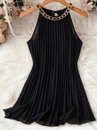 Franclia Plus Size Sexigt Chic Spaghettiband Lös Plisserad Metalldekor Camisole