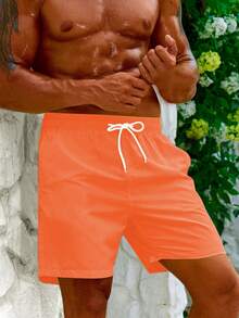 Manfinity Swimmode Men's Solid Color Casual Beach Shorts - Coral Orange - View 5
