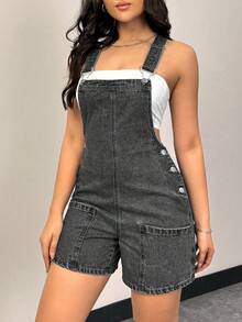 Rivivi Women's Summer Casual Everyday Commute Patchwork Pocket Denim Romper - Grey - View 3