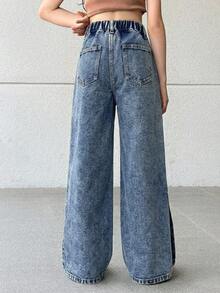 SHEIN Tween Girls' Casual Single-Breasted Pocket Straight-Leg Jeans, Versatile For Daily Wear - Dark Wash - View 2