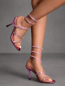 CUCCOO SZL 女士尖头水钻装饰时尚优雅百搭高跟凉鞋 - 粉紫色 - 查看 2