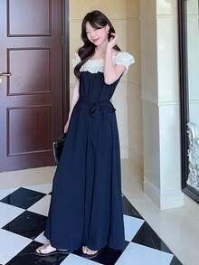 DAZY Bộ jumpsuit nữ thanh lịch với thiết kế phối màu, viền xếp ly, kiểu trễ vai, ống rộng, thích hợp cho kỳ nghỉ, mùa xuân/hè. - màu đen - Xem 5