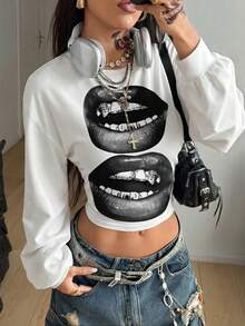 Coolane Casual Minimalist Street Style Black White Gray Lip Print Pattern Women's Thick Fleece Sweatshirt, Suitable For Autumn/Winter - Multicolor - View 4