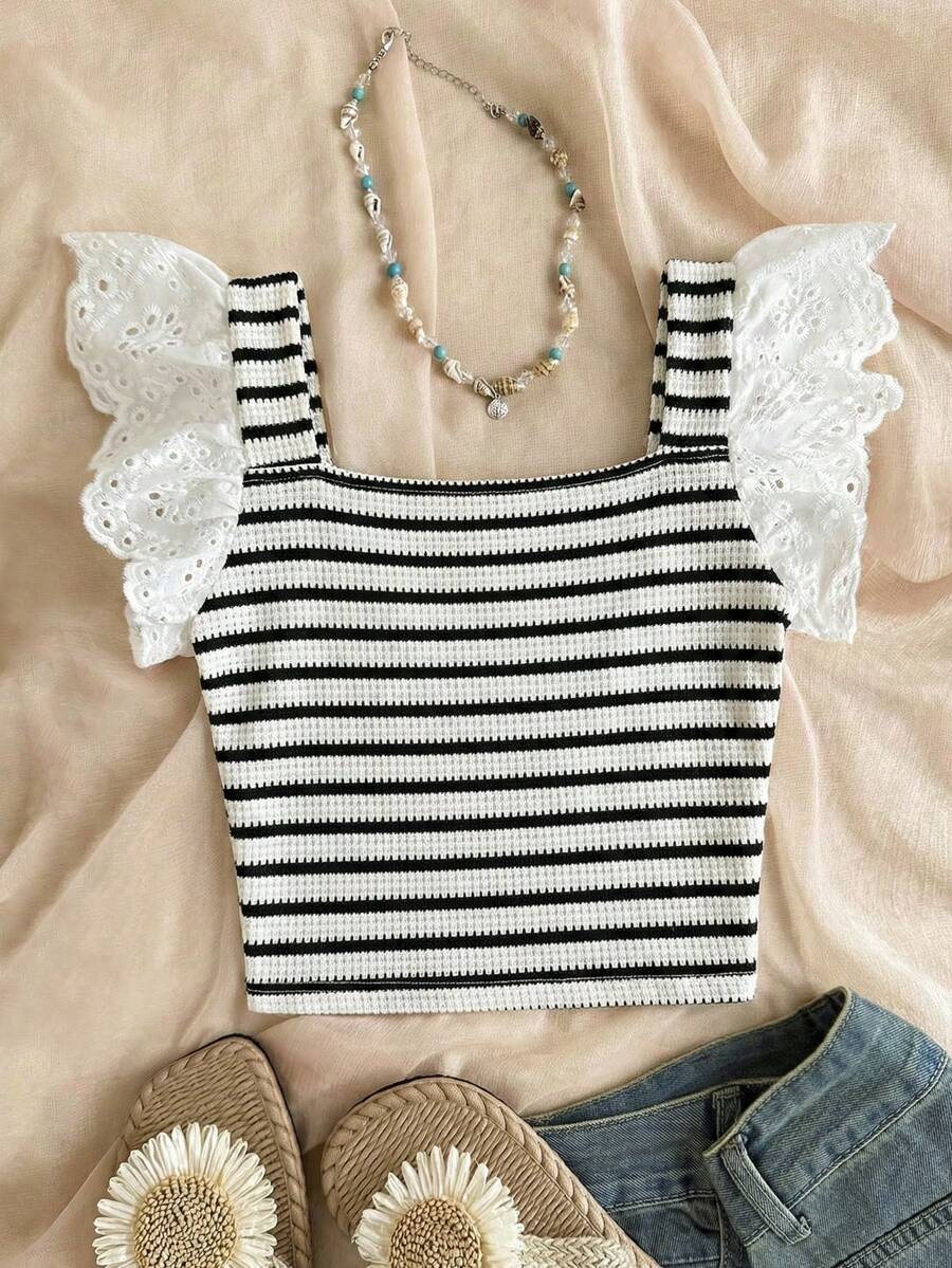 SHEIN 女童休闲可爱蝴蝶印花蕾丝边吊带背心，白色和粉色 - 白色 - 查看 1