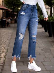 Ripped Jeans With Mom Fit, Comfortable, With Ripped Details, Zipper Closure And Practical Pockets. Informal Cut - 2063 - 查看 5