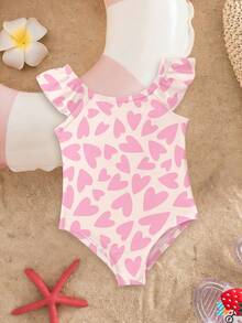 SHEIN Cream Ruffle & Glitter Pink, Cute Heart Toast Texture Print, Baby Girls Casual Minimalist Fitted One-Piece Swimsuit, Suitable For Summer - Multicolor - View 6