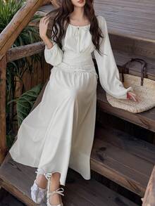 DAZY Conjunto de blusa de gasa con parches de encaje de estilo coreano y vestido casual de estilo coreano de largo medio - Beis - Ver 6