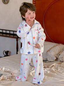 DAZY 2pcs Toddler Boys' Korean Style Star Print Lapel Long Sleeve Shirt And Pants Pajama Set - Red and White - View 8