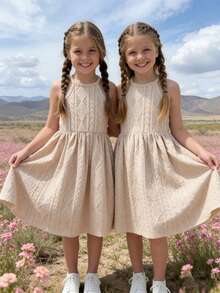 1pc Girls Khaki Knit Jacquard Fabric Sleeveless Elastic Waist Simple Casual Vacation Elegant Beach Dress - Khaki - View 3