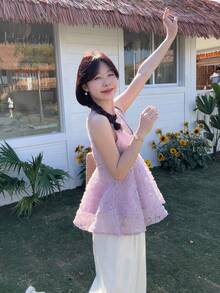 DAZY Women's Korean Style Textured Sleeveless Shirt & Loose Fit Pants 2 Pieces Set - Pink - View 2