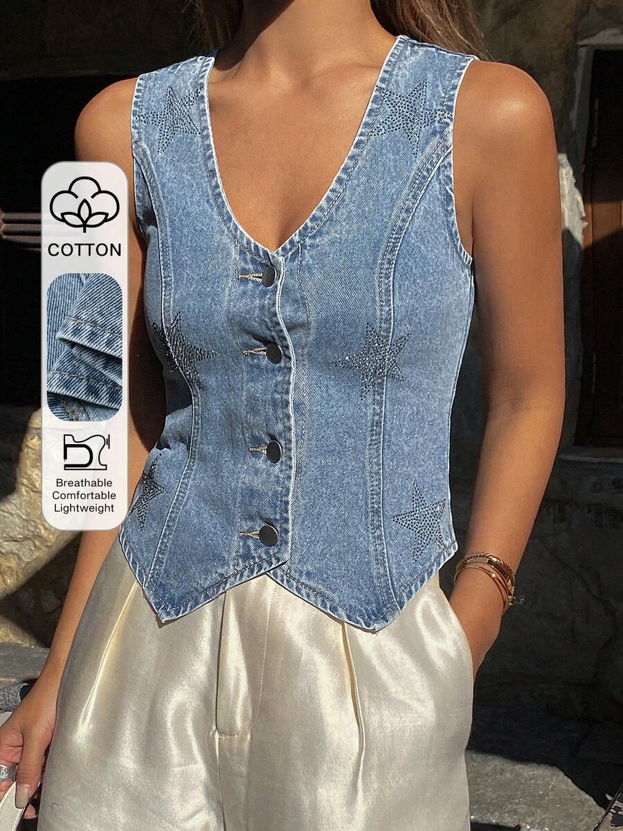DAZY Women's V-Neck Sleeveless Open Front Casual Rhinestone Design Denim Blouse, Vacation Style - Light Wash - View 1