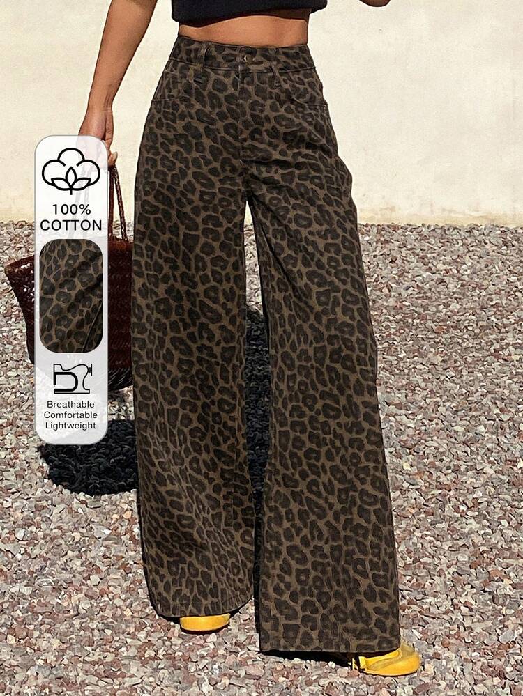 Women's Regular Waist Leopard Print Casual Loose Straight Leg Jeans Y2k
