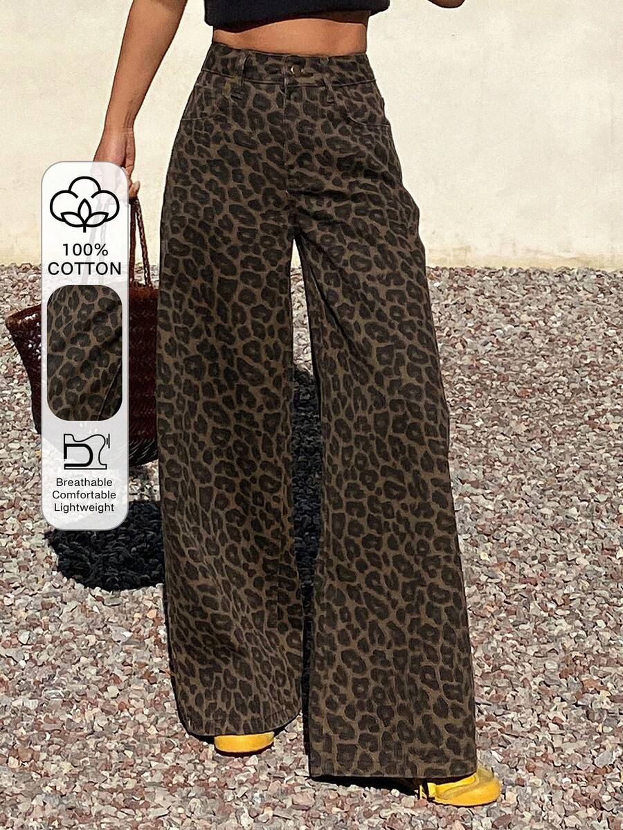 DAZY 女士常规腰围豹纹休闲宽松直筒牛仔裤 Y2k - 棕色 - 查看 1