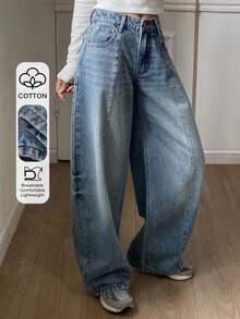 DAZY 女士低腰筒状休闲牛仔裤，都市街头风 Y2K - 中等水洗藍 - 查看 1