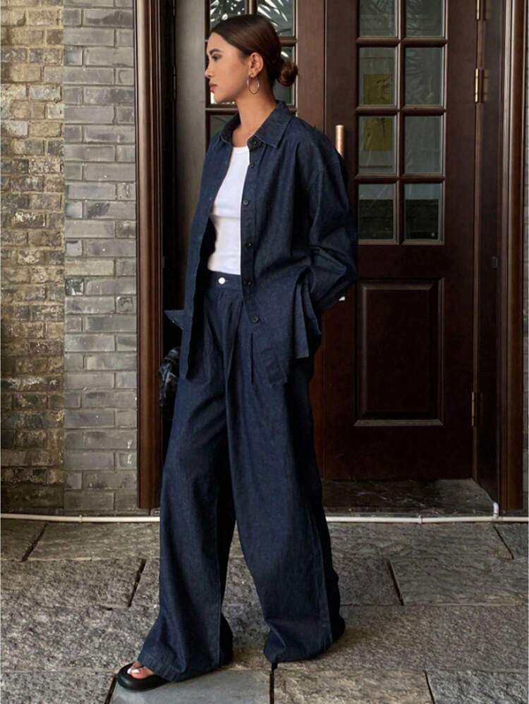 Women Tall Size Turndown Collar Loose Belted Denim Shirt And Straight Leg Relaxed Fit Jeans Casual Suit