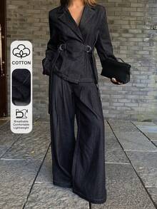 DAZY Women's Denim Jacket With Collar & Waist Cinching, And Loose Wide Leg Jeans Casual 2-Piece Set - Dark Wash - View 1