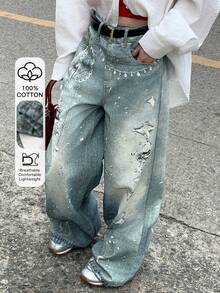 DAZY Quần jeans nữ cạp thường, in họa tiết trang trí, dáng suông, rộng rãi, phong cách Y2K - Rửa trung bình - Xem 1