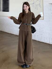 DAZY Women's Casual Solid Color Pocket Jacket And Wide Leg Jeans Set, Autumn/Winter - Brown - View 4