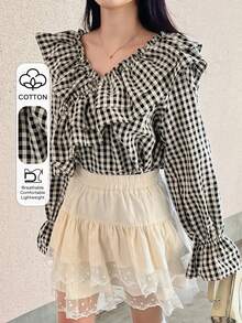 FRIFUL 女士格子棉质多层领荷叶边袖口宽松休闲百搭衬衫 - 黑色 - 查看 1