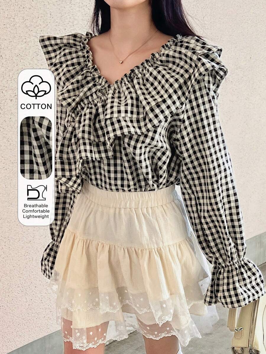 FRIFUL Women's Plaid Cotton Layered Collar Ruffle Cuff Loose Casual Versatile Blouse - Black - View 1