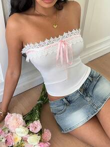 Sunnyshic Elegant Women's Bandeau Top With Pink Ribbon And Lace Trim - Pink - View 5