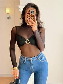 Rafferiza 紧身性感网纱拼接前金属扣装饰长袖高弹针织女式连体衣，优雅沙滩装连体衣 - 黑色 - 查看 3