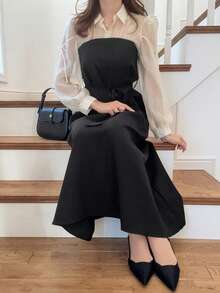 FRIFUL 女士混纺面料网纱雪纺A字连衣裙，泡泡袖，蝴蝶结腰带，夏季休闲派对连衣裙，情人节派对 - 黑色 - 查看 8