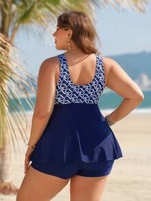 Swim Lushoire Plus Size Women Random Print Patchwork Tankini Swimsuit, Slimming & Modest Coverage For Beach, Pool, Vacation - Multicolor - View 2