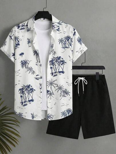 Manfinity Swimmode Conjunto casual de vacaciones playeras para hombres con camisa de manga corta de solapa con estampado de palmeras y pantalones cortos con cordón en la cintura