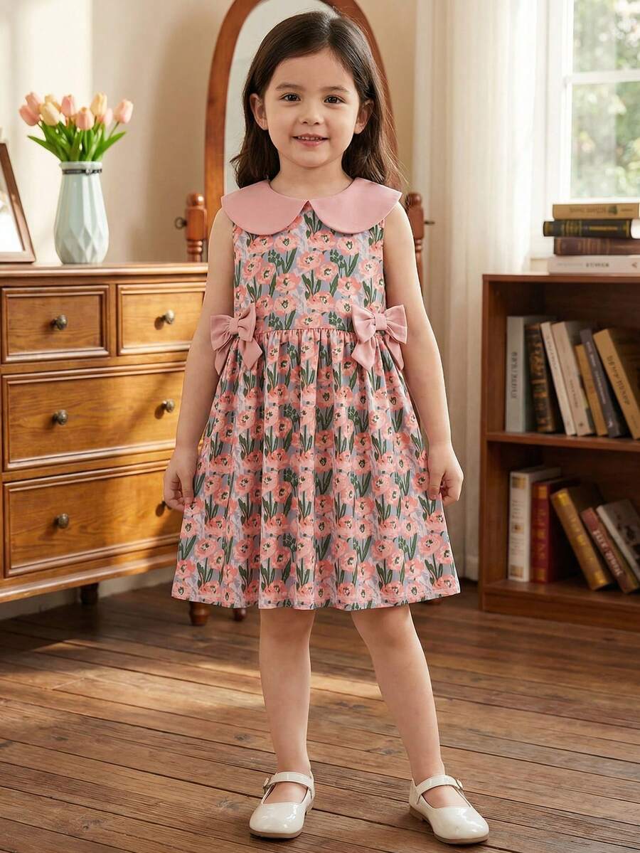 SHEIN Kids Sleeveless A Line Flared Peter Pan Collar Short Dress With Plant Pattern And Bows,Kids - Pink - View 1