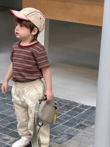 DAZY Toddler Boys' Round Neck Striped Korean Style T-Shirt, Spring/Summer - Coffee Brown - View 6