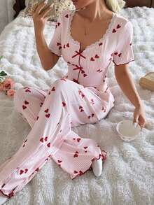 CottageSlumber 2 pièces Ensemble de pyjama court à manches courtes pour femmes avec motif romantique en dentelle, texture tricotée et rayures en forme de cœur - Multicolore - Voir 3