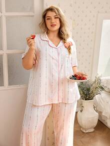 CottageSlumber Plus Size Ditsy Floral Ruffle Collar Short Sleeve PJS Curve PJS Summer Pijama Sets For Women Vintage PJS PJS For Woman Women Sleep Wear Set - White - View 4