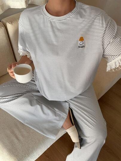 Dazy Plus 两件套可爱图案短袖上衣和长裤睡衣套装，春夏休闲条纹睡衣