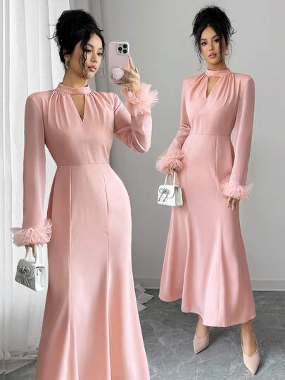 Modelyn 1pc Women's Solid Color Fitted Mermaid Hem Sleeve Long Sleeve Dress