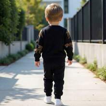 Conjunto suéter para niño casual moderno jacquard tejido suave estampado dinosaurio ajuste regular cuello redondo manga larga cualquier época del año uso diario conjunto - Negro - Ver 3