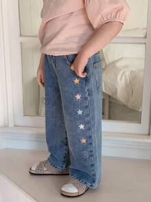 DAZY Toddler Girls' Korean Style Loose Washed Denim With Five-Pointed Star Embroidery - Blue - View 3