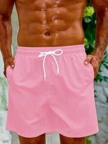 Zalmeno 男士纯色抽绳腰带口袋沙滩短裤 - 淺粉色 - 查看 8