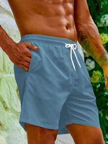 Manfinity Swimmode Men's Solid Color Drawstring Waist Beach Shorts, Summer Vacation (Printed Irregular)