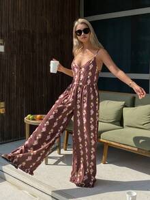 DAZY Floral All-Over Print Sleeveless V-Neck Jumpsuit Loungewear - Brown - View 6