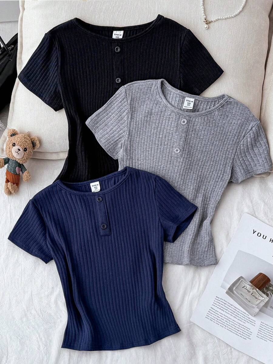 3件套 少女罗纹针织圆领休闲T恤 - 彩色 - 查看 1