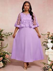 Fleurora 两件套加大码女式纯色连衣裙和贴花网纱披肩上衣，约会和派对时尚装扮 - 淡紫色 - 查看 6