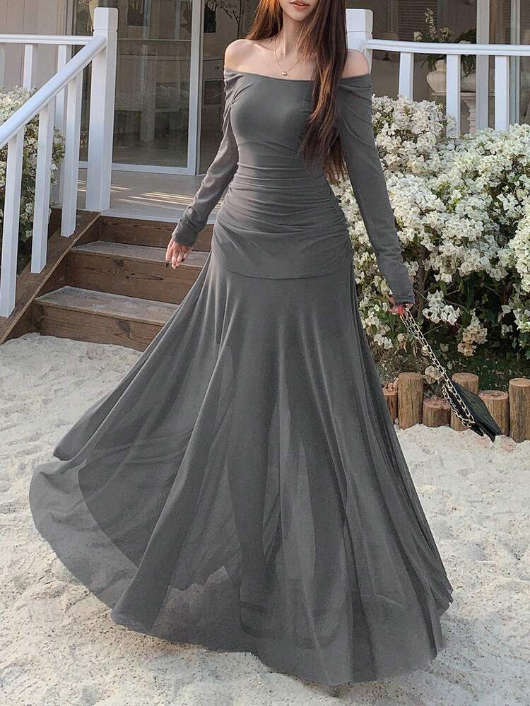 Women's Long Sleeve Top With Waist Cinching & Asymmetrical Hem Mesh Maxi Dress 2 Pieces Set Off The Shoulder