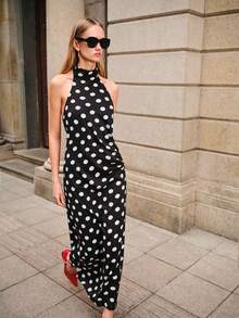 Lumivelle Elegant Black And White Polka Dot Summer Halter Neck Maxi Dress,Satin French Retro Backless Bowknot Design,Side Ruched Waist Fitted Long Date Dress - Black - View 2