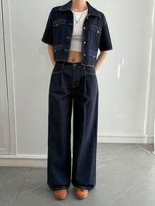 DAZY Women's Casual Denim Short Sleeve Shirt Top And Pants Set - Blue - View 4