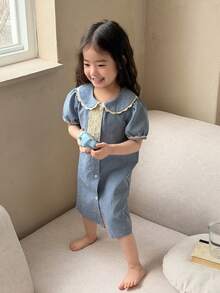DAZY Baby Girl Summer Plaid Print Peter Pan Collar Contrast Lace Puff Sleeve Loose Nightgown - Blue - View 1
