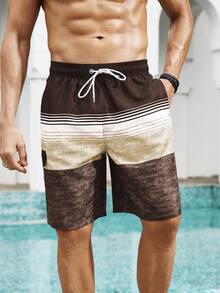 Zalmeno Men's Color Block Drawstring Waist Pocket Casual Beach Shorts - Multicolor - View 3