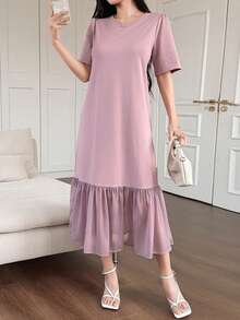 DAZY Women's Elegant Patchwork Ruffle Trim Round Neck Midi Dress Wedding Guest Dress - Purple - View 5