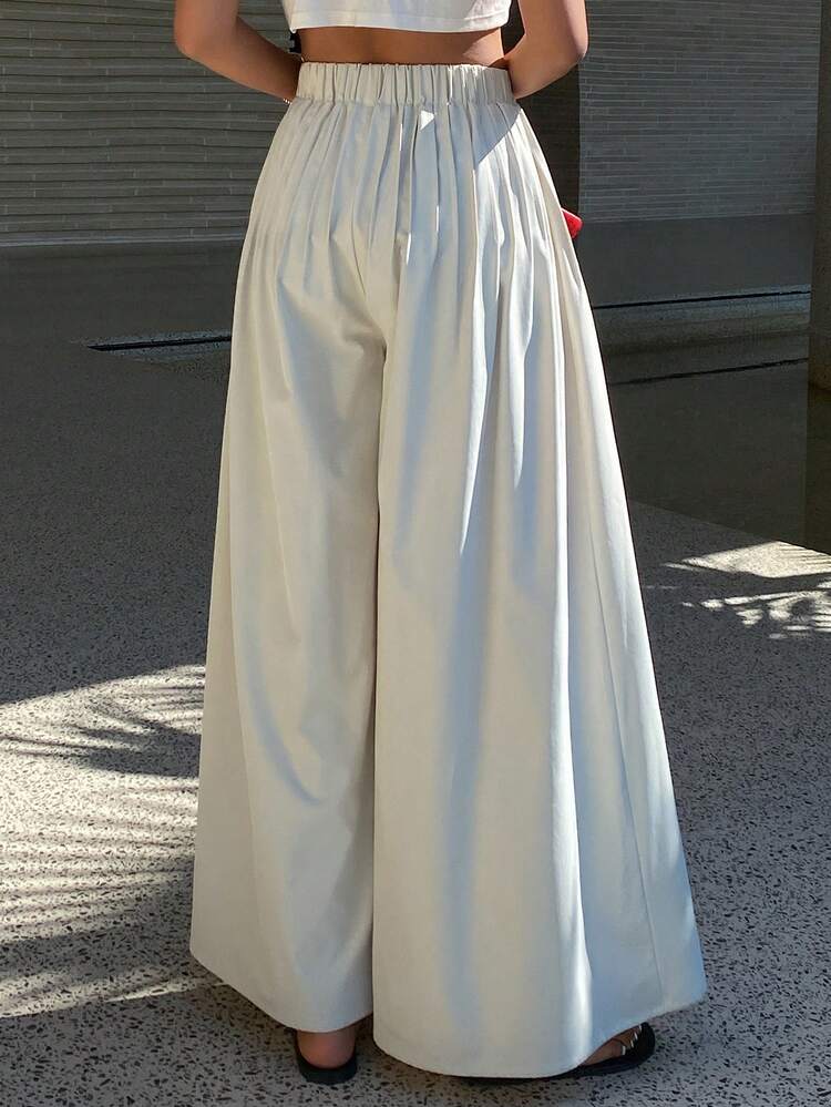 Women's Solid Color Pleated Cropped Pants, Casual Vacation Trousers For Spring & Autumn